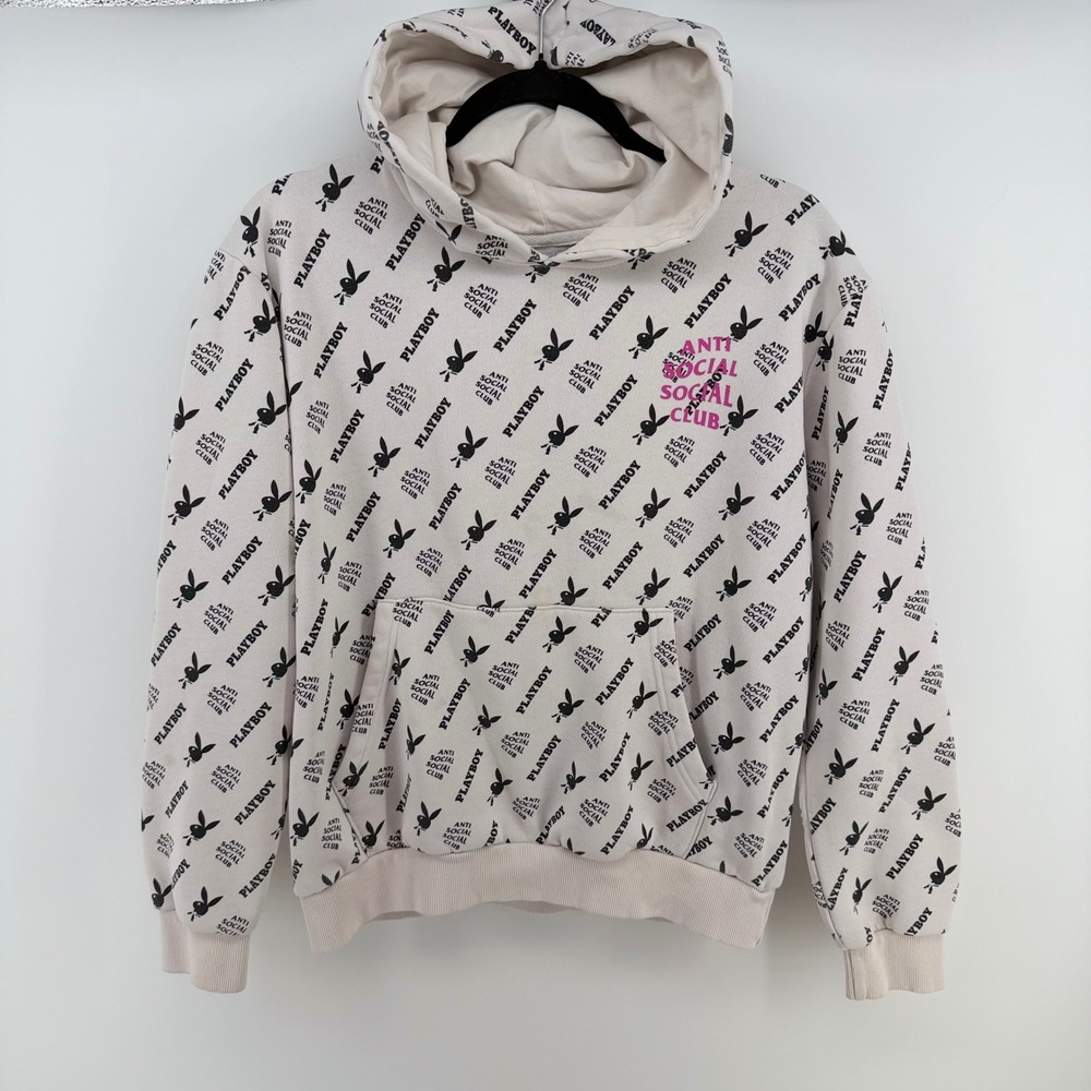Anti Social Social Club x Playboy Hoodie White Logo Print Men's Medium